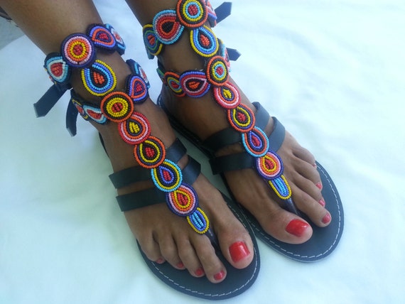 African Colours Beaded Leather Sandals Flip-Flops Shoes -Style No.30