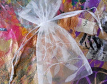 SALE 10 White Vine & Leaf Flocked Organza Bags 3" x 4" White Gift Pouches *B50