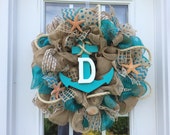 Summer deco mesh wreath,burlap nautical wreath, beach wreath,front door beach wreath, nautical wreath