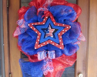 24" Patriotic Deco Mesh Wreath- Fourth Of July Deco Mesh Wreath- 4th Of July Deco Mesh Wreath- Star Deco Mesh Wreath- Flag Deco Mesh Wreath