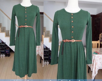 green dress cotton dress long dress autumn winter dress women clothing long sleeve dress slim fit dress