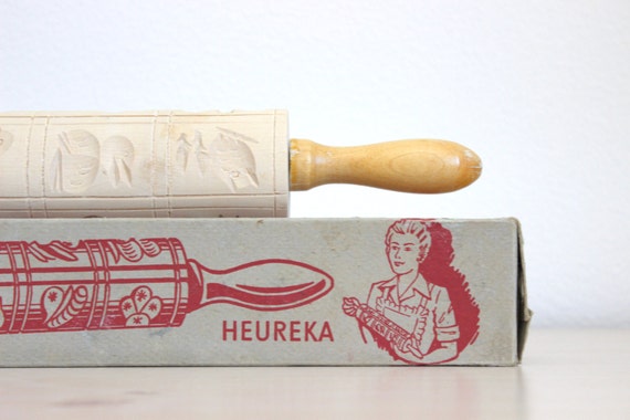 Vintage German Rolling Pin - Carved Cookie Cutter - Roller - Springerle - Germany Wood Wooden