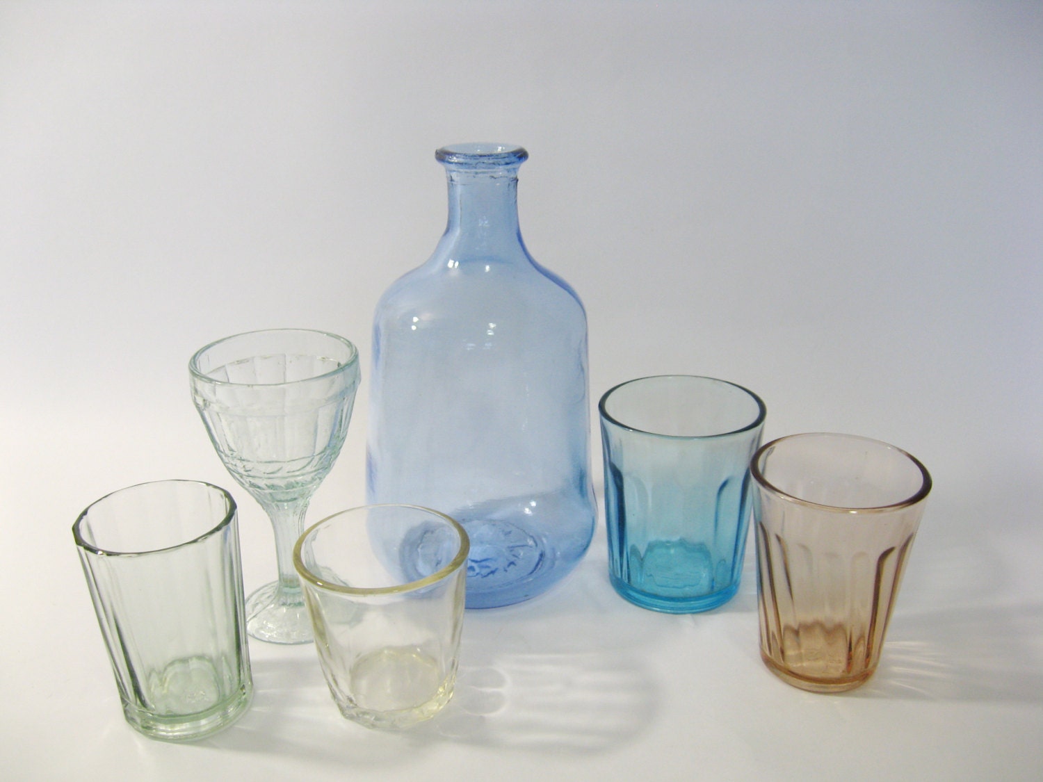Vintage decanter + 5 different shot glasses / pastel glass carafe