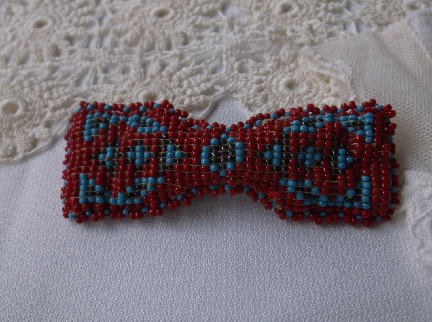Vintage Native American Beaded Bow Tie Clip On Mens Navajo