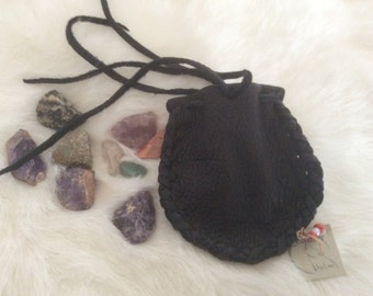 Small Black Leather Pouch, Drawstring Deer Hide Medicine Bag, Handmade Little Leather Crystals Bag,Canadian Made