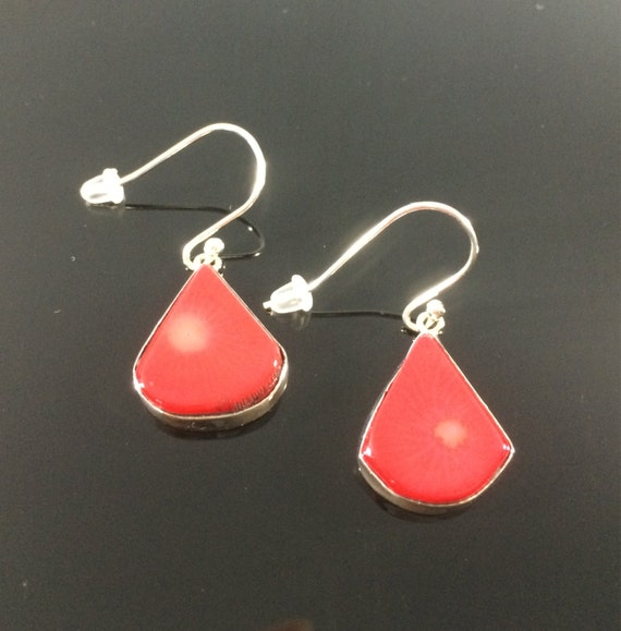 Natural Red Coral Earrings Bezel Set in 925 Sterling Silver//Tarnish Free//