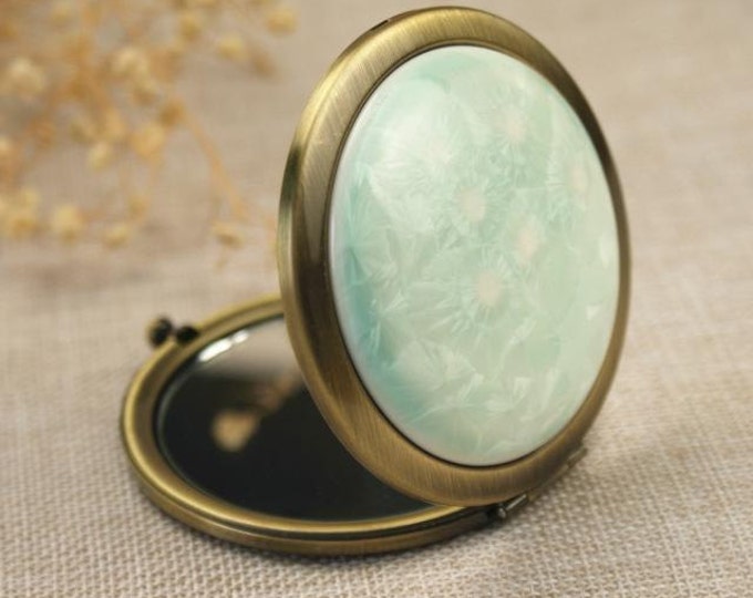 Deluxe Porcelain Compact Mirror - Portable Floral Crystal Glaze Decorative Tavel Mirror ,White,Pink,Mint,Sea Blue