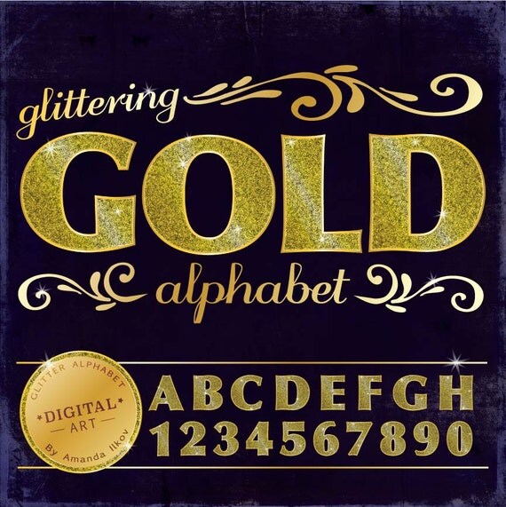 gold glitter alphabet letters and numbers clipart for