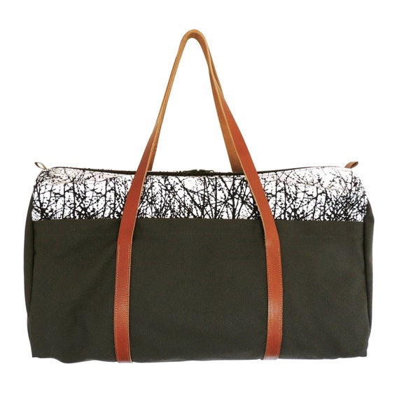 Canvas Printed Weekender Bag Large Cotton Duffel Bag with Leather ...