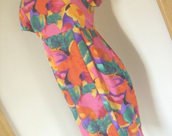 Vintage 80s multicolour orange empire waist dress