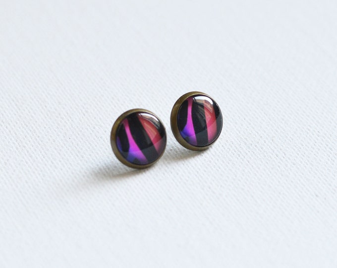 ANIMAL PRINT Stud Earrings metal brass depicting skin, Glamour, Style, Colorful, Rainbow, Strips, Violet, Purple, Pink, Red and Black
