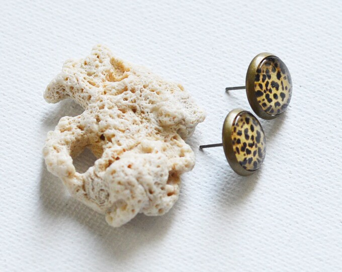 ANIMAL PRINT Stud Earrings metal brass depicting fashionable leopard skin, Safari, Glamour, Style, Colorful, Brown,Beige