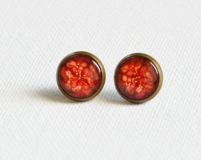 ABSTRACTION Stud Earrings metal brass depicting fashionable art, Vintage, Glamour, Style, Red, Art,Galaxy