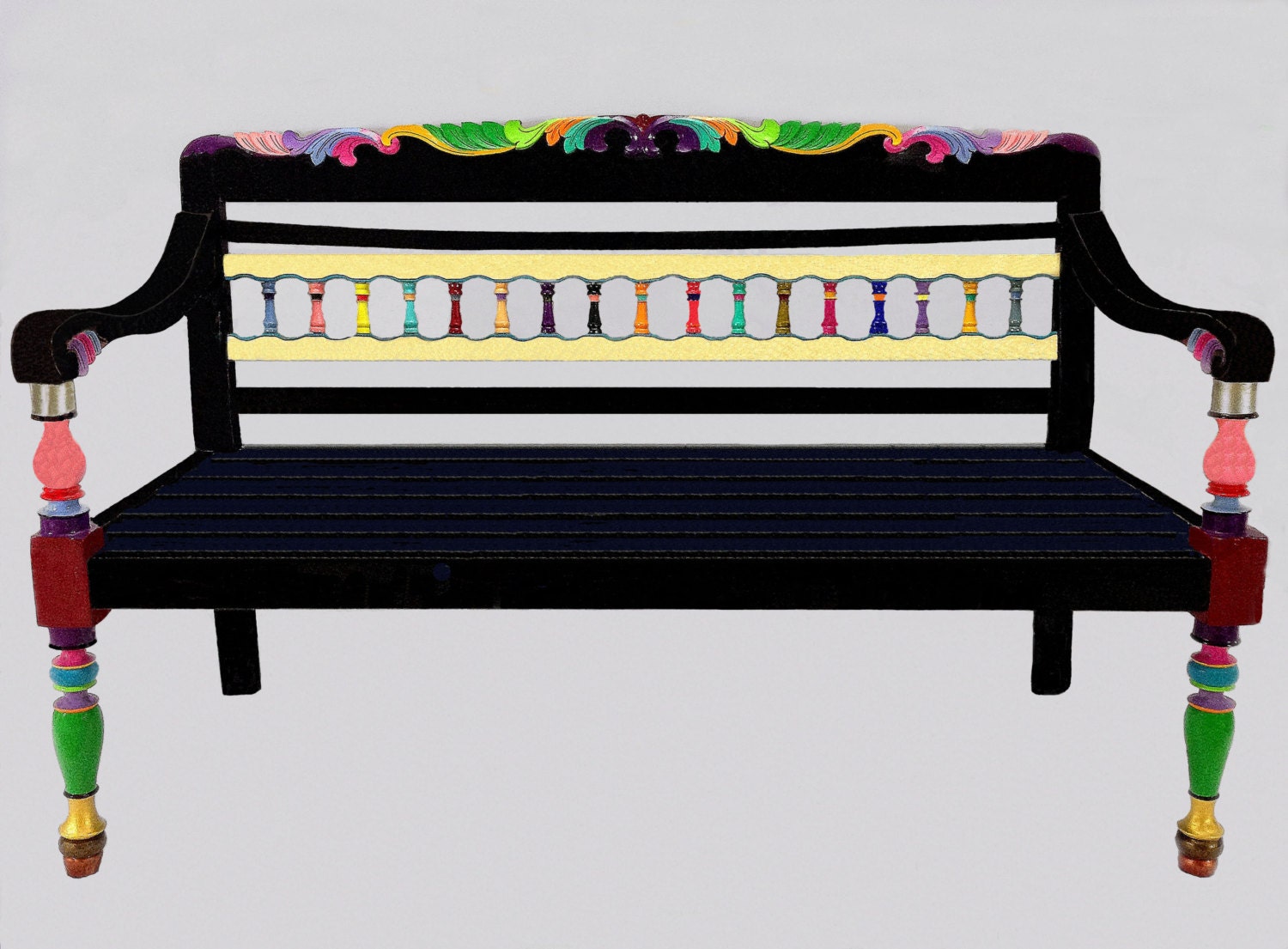 Vintage Wood Bench, Restored, Colorful, Decorative, Hand Painted, with