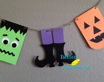 Halloween Banner with Frankenstein, Witches' Feet, Pumpkins, and Ghosts!