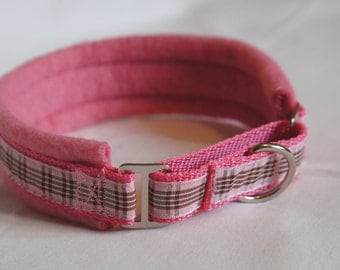 Fleece Lined Martingale Dog Collar - Raspberry Check - 50mm Width