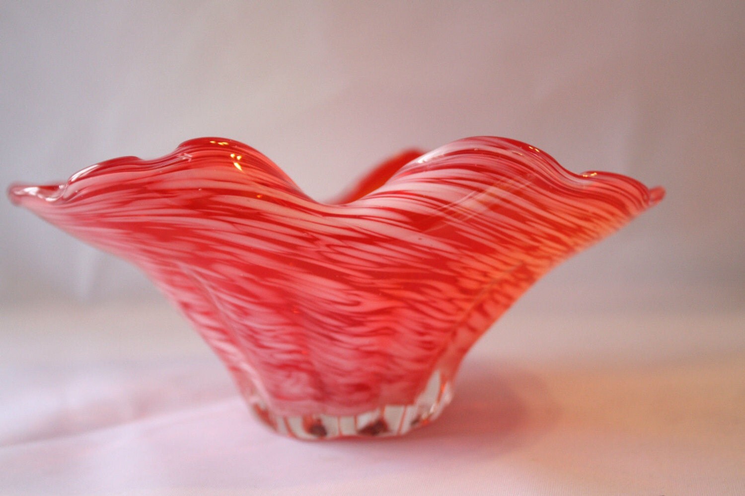 Vintage Murano Bowl Art Glass Candy Dish Red & White Glass
