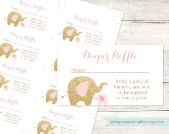 diaper raffle tickets printable baby girl shower DIY elephants pink gold glitter cute baby digital shower games - INSTANT DOWNLOAD