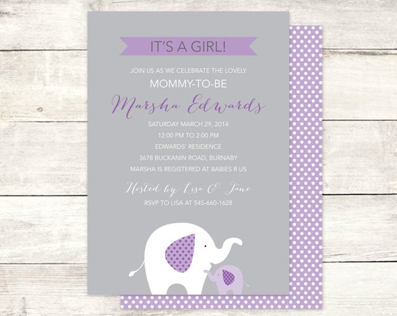 elephant baby girl shower invitation printable DIY baby purple ...