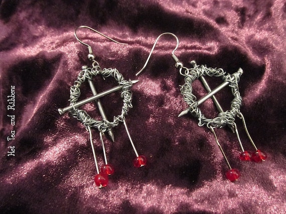 Crown of Thorns, Nails, with 3 Drops Earrings