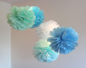 Tissue Paper Flowers set of 12 (6/6) - Mint/Blue/White Theme - Paper Pom Poms - Paper Balls - Wedding set - Birthday decorations