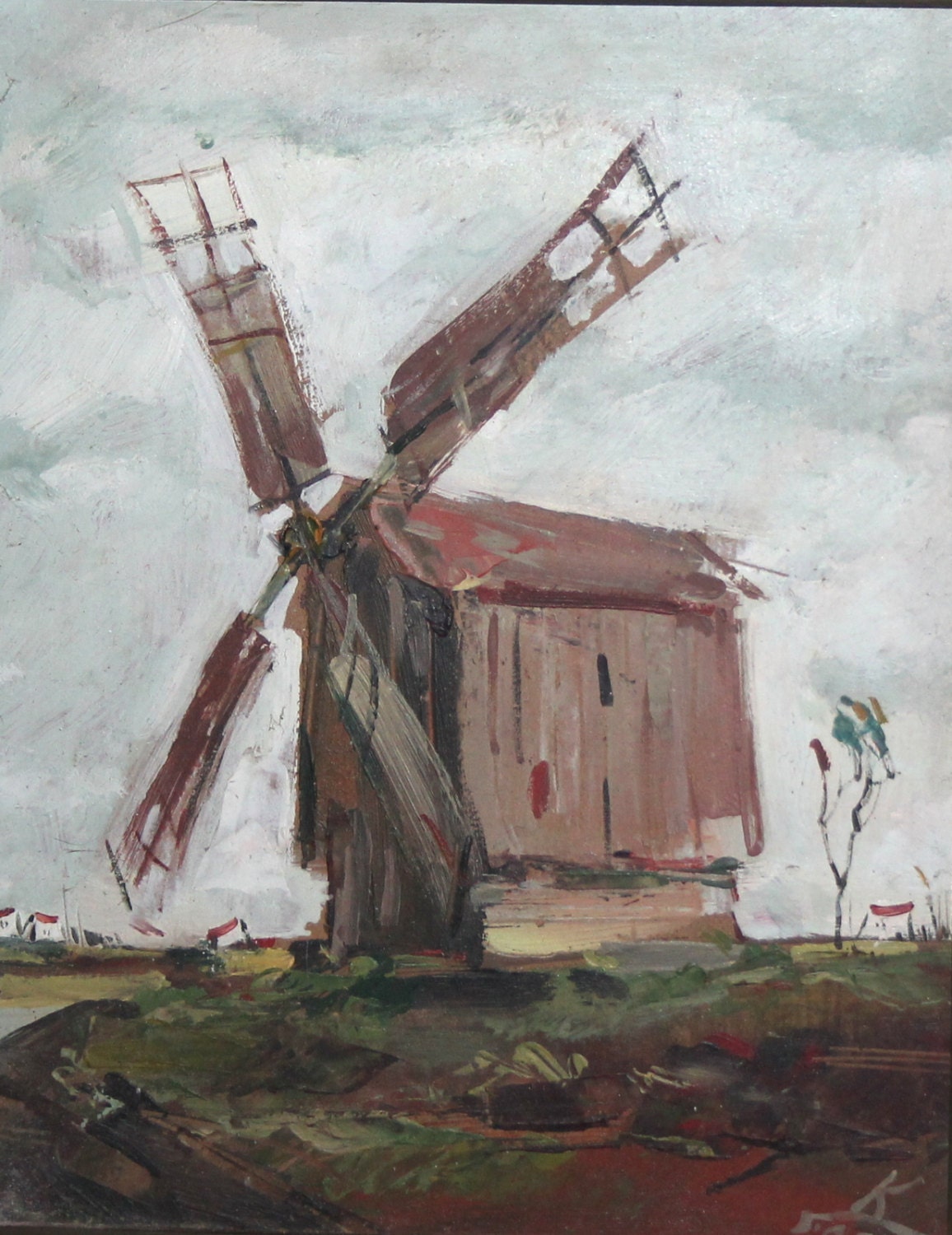 Landscape windmill oil painting signed
