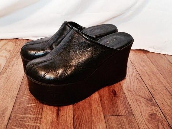 90's Black Leather Chunky Platform Wedge Mules by weedEATERvintage