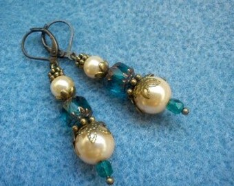 Vintage Inspired Blue Crystal and Pearl Earrings.