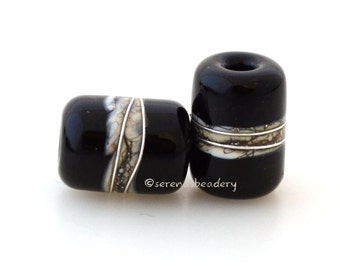 Lampwork Glass Bead All BLACK Night Owl Tube Pair - TANERES silvered ivory and fine silver wrap
