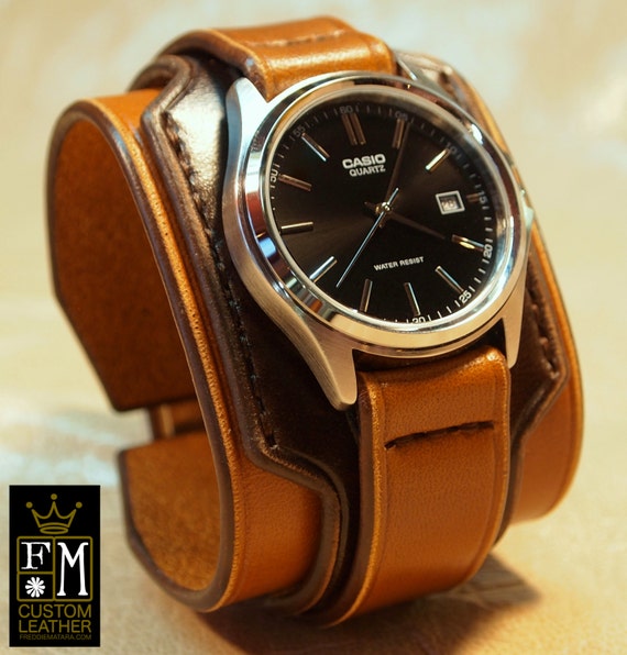 Leather cuff watch Vintage 2 tone Brown Mens or Unisex Layered Refined quality Wristwatch Handmade for YOU in NYC by Freddie Matara!