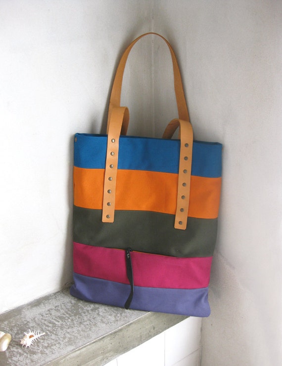 Canvas Tote Bag Natural Leather Straps Turquoise by avivaschwarz