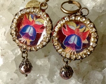 Lilygrace Fuschia Cameo Earrings with Vintage Rhinestones and Freshwater Pearls