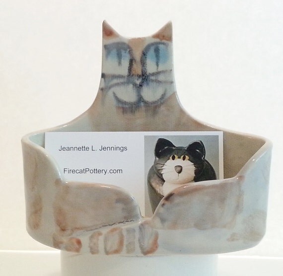 desk business card holder pottery cat blue eyed Himalayan
