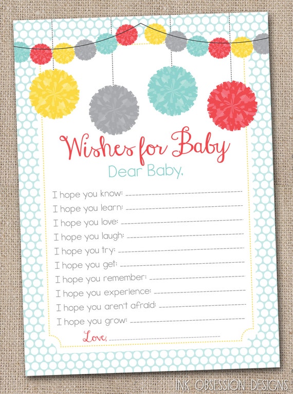 Printable Baby Wishes Card Party Poms by InkObsessionDesigns