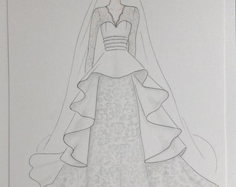 Custom bride portrait original bride with veil drawing