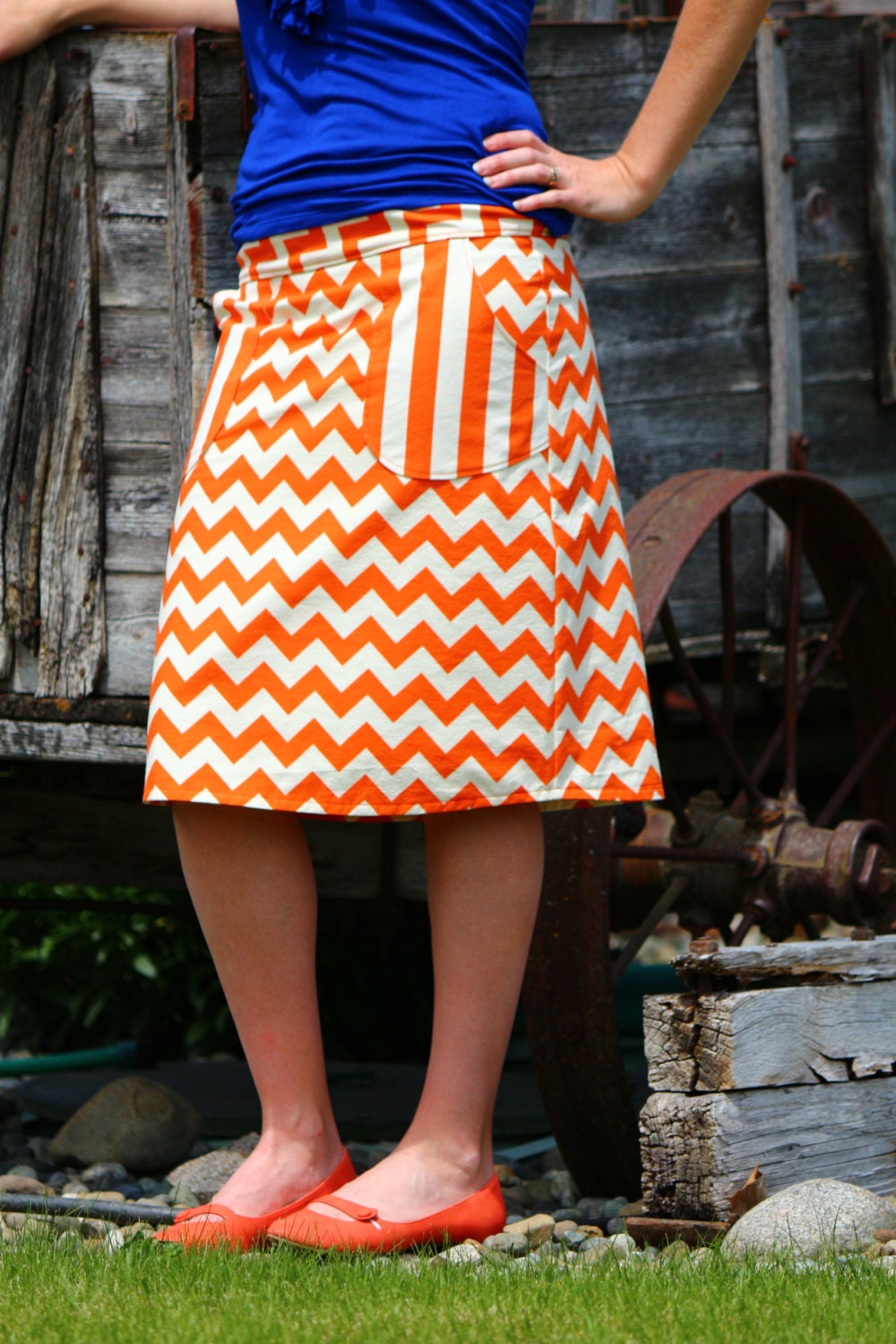 Chevron Skirt with Pockets Narrow A-Line Skirt Orange and