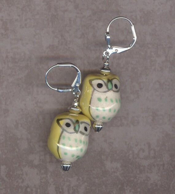 Items similar to Spring earrings Owl Moon beaded earrings owl charms owl earrings fun yellow