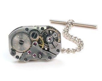 Steampunk Vintage Watch Movement Tie Tack Pin Chain Clip