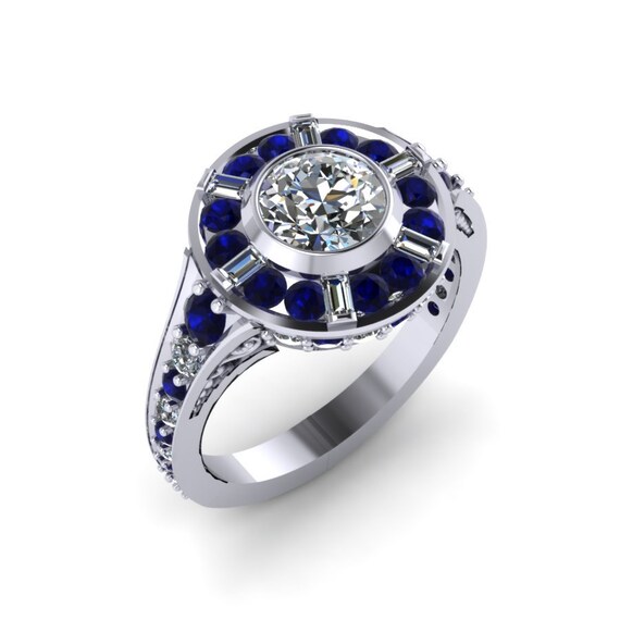 white gold R2-D2 inspired engagement ring with sapphires and diamonds