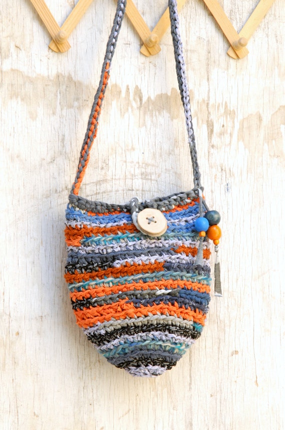 Reserved for Lauren Crocheted rag bag purse in orange blue