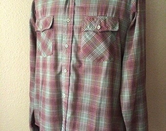 Vintage Men's 70's Shirt, Plaid, Green, Brown, Plaid, Long Sleeve (XL)