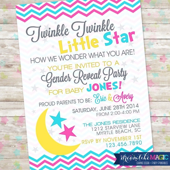 Twinkle Twinkle Little Star, Gender Reveal Invite, Gender Reveal Party, Blue or Pink, Stars, Moon, DIY, Printable or Printed, Gender Reveal Il_570xn