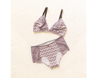 Day Dream Bra & Panties set in Amethyst and Grey Chevron with Lace Handmade to Order by Ohh Lulu