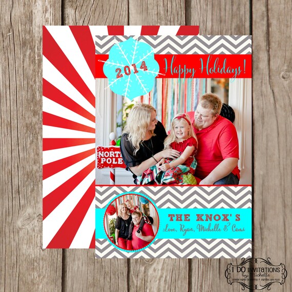 Modern Chevron Holiday Photo Card - Aqua & Red - Digital File Il_570xn