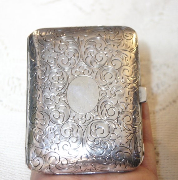 Antique Sterling Silver Engraved Mirror Case Compact Makeup