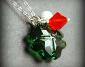 Shamrock Necklace, Green Swarovski Crystal Four Leaf Clover, Irish Flag Colors, Orange, White, Green, Shamrock Jewelry