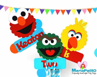 Sesame Street Centerpiece, 3 Piece Centerpiece Elmo, Oscar and Big Bird inspired Centerpiece, Age Birthday centerpiece A950