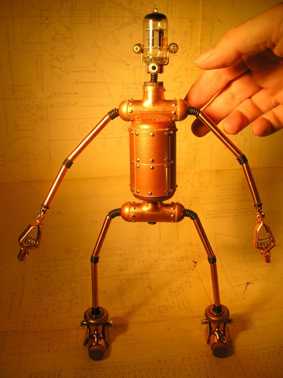 Robot Sculpture, Vintage Vacuum Tube Head, Bendable and Posable, Numbered & Initialed by CopperWoodNow steampunk buy now online