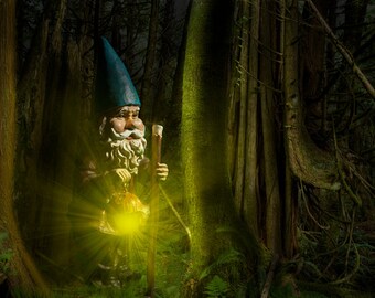 Garden Gnome Traveler traveling by Lantern Light in the Night Forest No.0044 a Surreal Fantasy Photograph