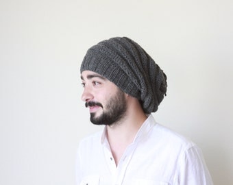 Anthracite Men's Slouchy Beanie Hand Knit Hat for Men